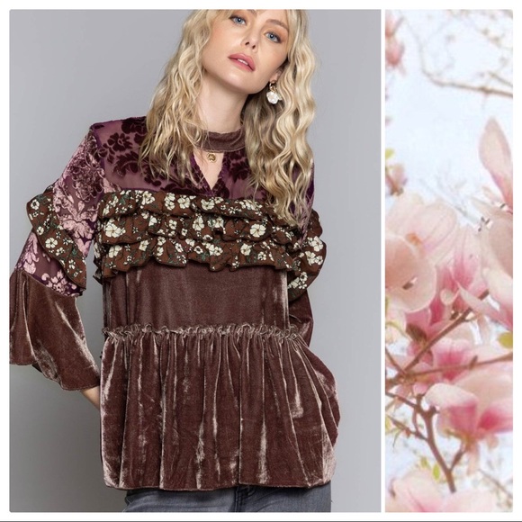 Cocoa Velvet & Bell Sleeves Ruffle Top - Picture 3 of 9